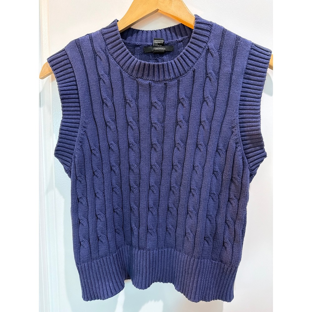 Forever 21 Navy Blue Cable Knit Sweater Vest Sleeveless Crew Neck Cotton Small